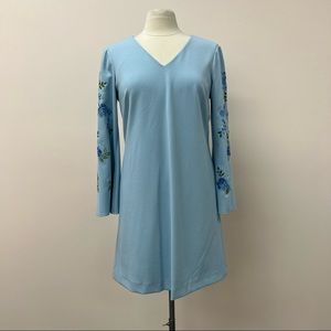 Tahari Long Sleeve Floral Embroidered V Neck Dress in Sky Blue